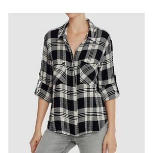 Bella Dahl Black/White Plaid Textured Knit Button Down Blouse Size Small